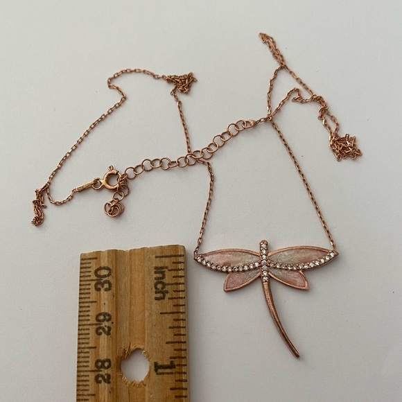 925 Silver pink dragonfly enamel cz stones necklace 14K rose gold plated - Picture 2 of 5